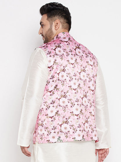 Vastramay mens plus size pink color floral print silk blend nehru jacket