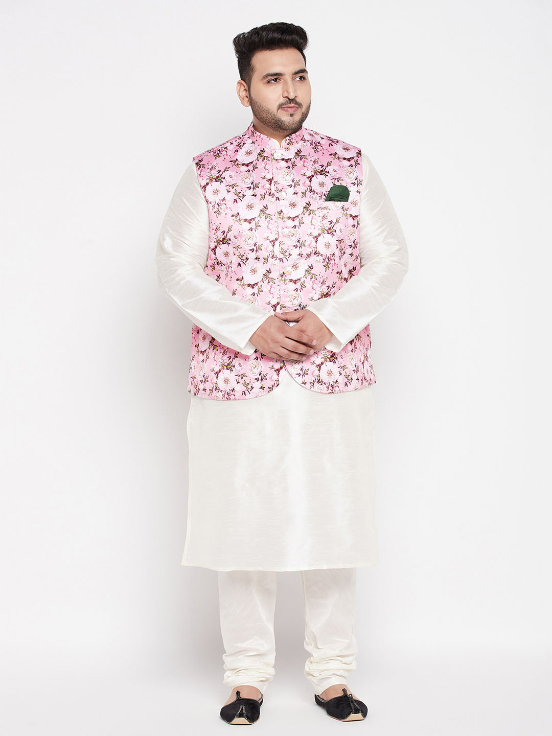 Vastramay mens plus size pink color floral print silk blend nehru jacket