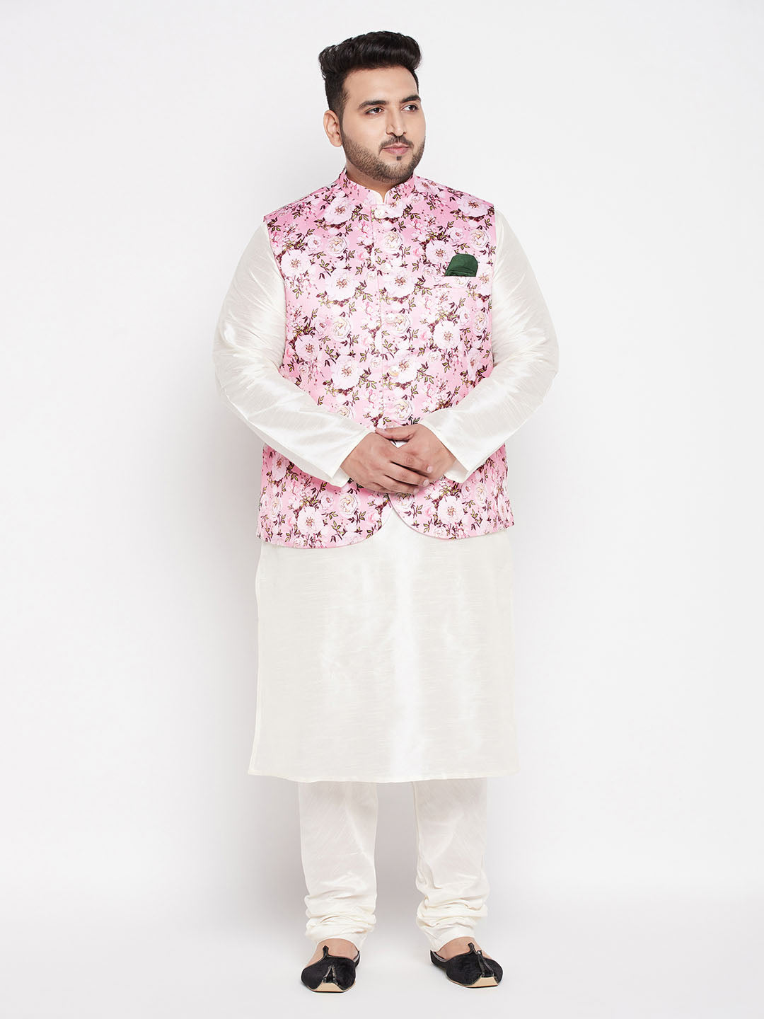 Vastramay mens plus size pink floral printed jacket with cream color solid kurta pyjama set