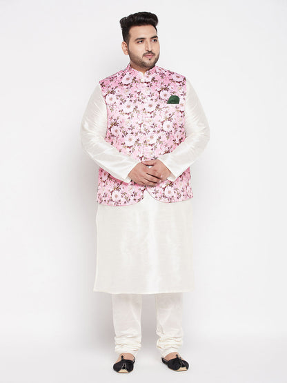Vastramay mens plus size pink floral printed jacket with cream color solid kurta pyjama set