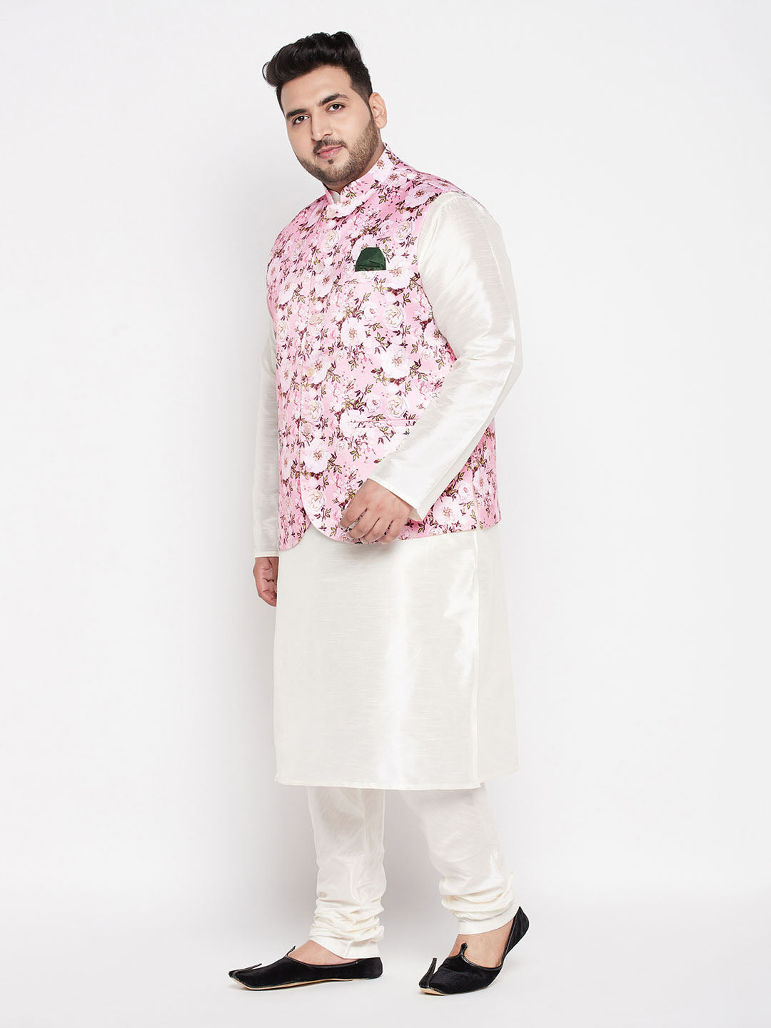 Vastramay mens plus size pink floral printed jacket with cream color solid kurta pyjama set