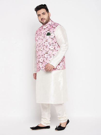 Vastramay mens plus size pink floral printed jacket with cream color solid kurta pyjama set