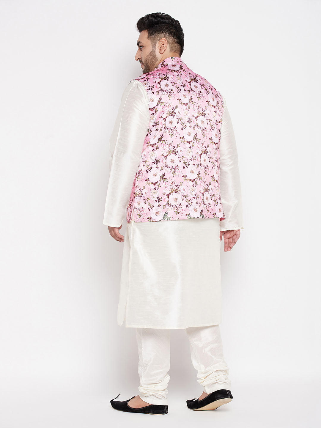 Vastramay mens plus size pink floral printed jacket with cream color solid kurta pyjama set