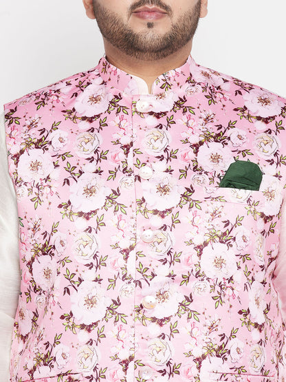 Vastramay mens plus size pink floral printed jacket with cream color solid kurta pyjama set