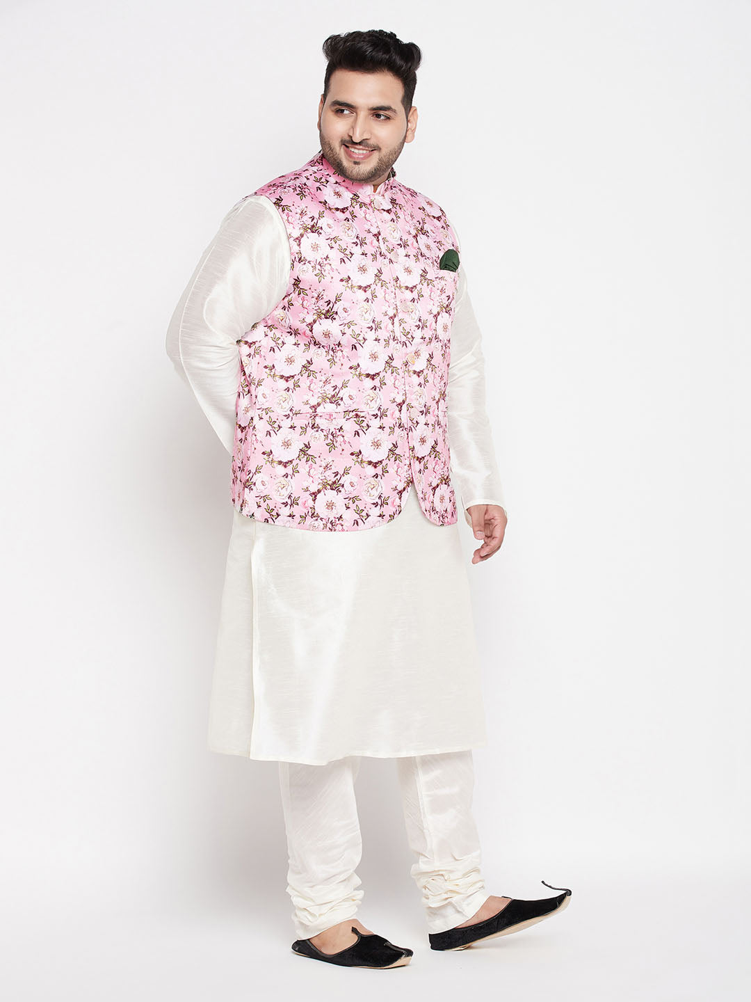 Vastramay mens plus size pink floral printed jacket with cream color solid kurta pyjama set