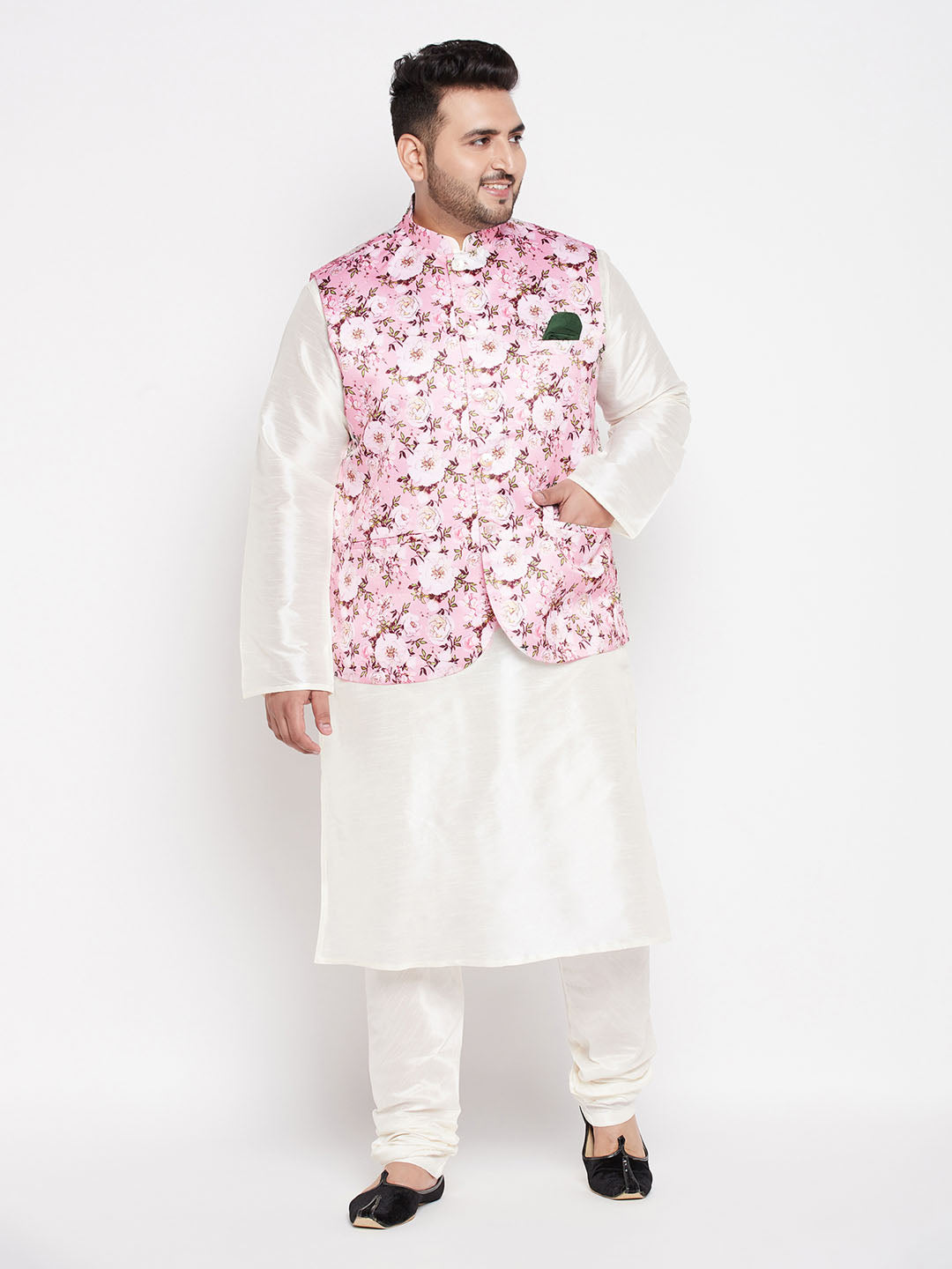 Vastramay Men's Plus Size Pink Floral printed Jacket With Cream Solid Kurta Pyjama Set