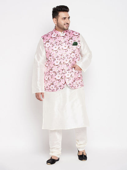 Vastramay Men's Plus Size Pink Floral printed Jacket With Cream Solid Kurta Pyjama Set