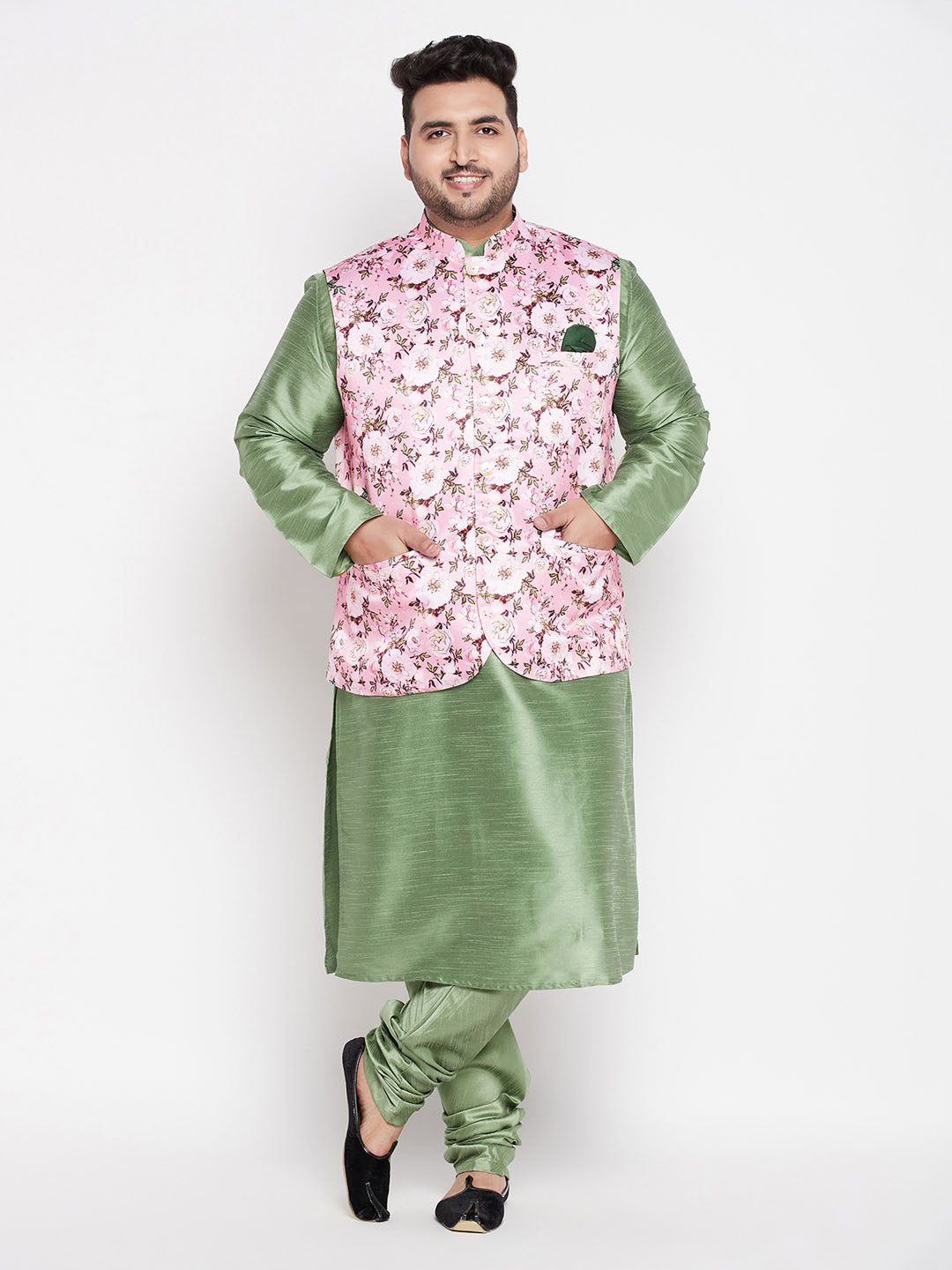 Vastramay mens plus size pink floral printed jacket with mint green solid kurta pyjama set