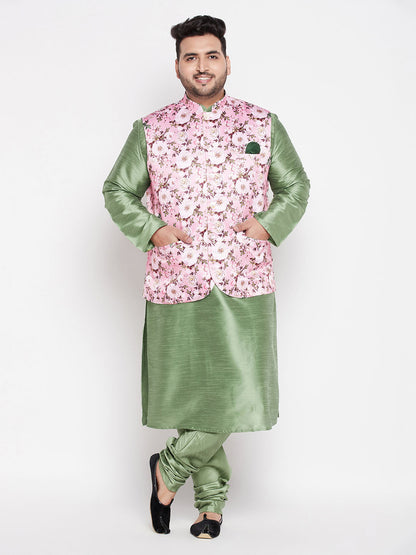 Vastramay mens plus size pink floral printed jacket with mint green solid kurta pyjama set