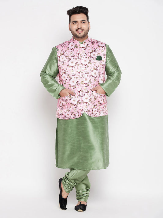Vastramay mens plus size pink floral printed jacket with mint green solid kurta pyjama set
