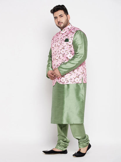 Vastramay mens plus size pink floral printed jacket with mint green solid kurta pyjama set