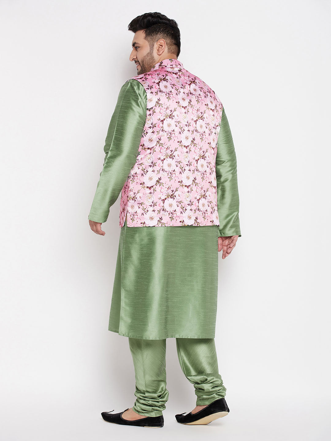 Vastramay mens plus size pink floral printed jacket with mint green solid kurta pyjama set