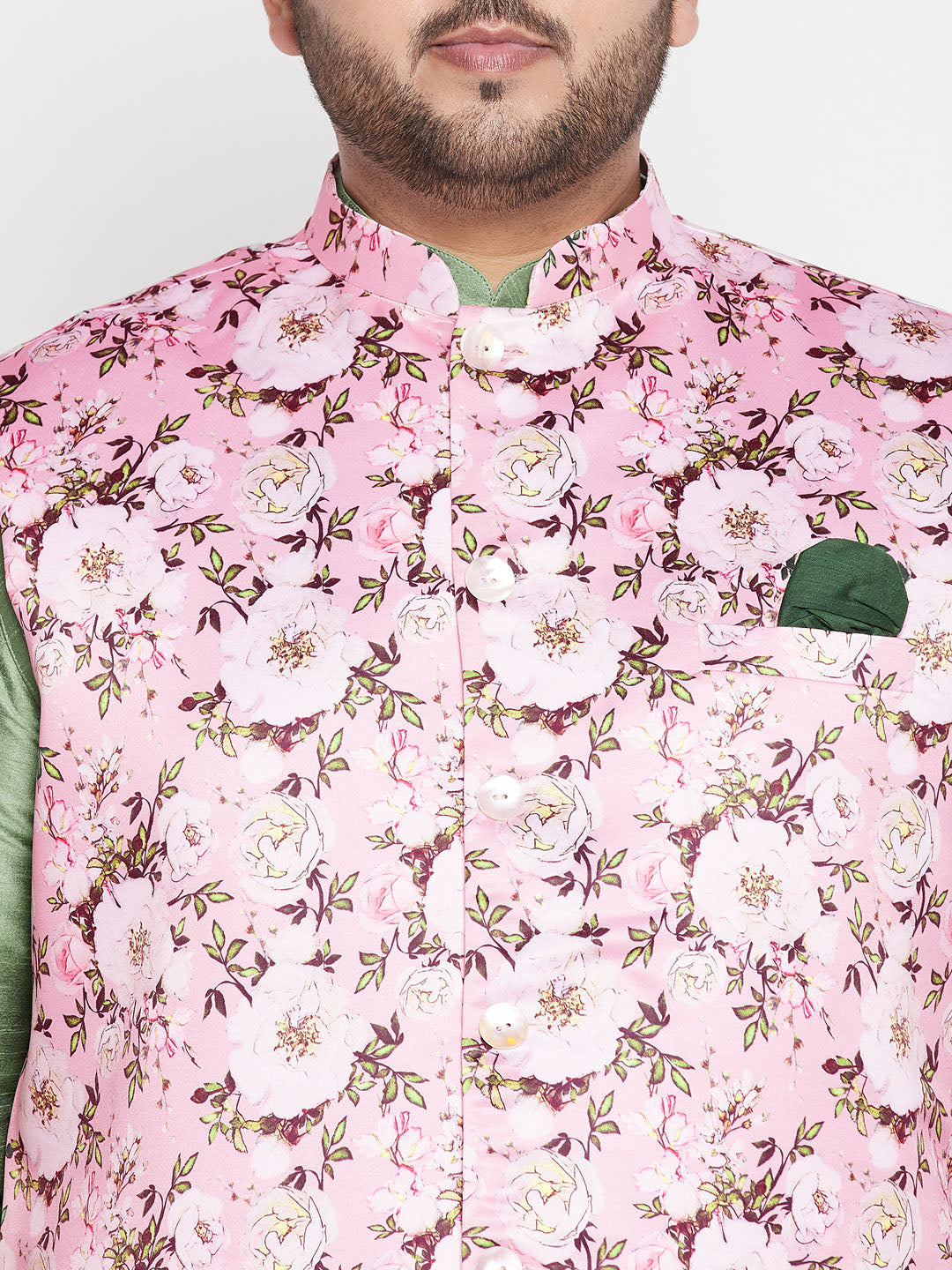 Vastramay mens plus size pink floral printed jacket with mint green solid kurta pyjama set