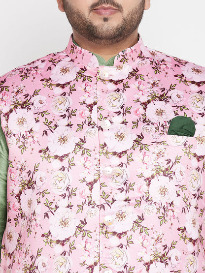 Vastramay mens plus size pink floral printed jacket with mint green solid kurta pyjama set