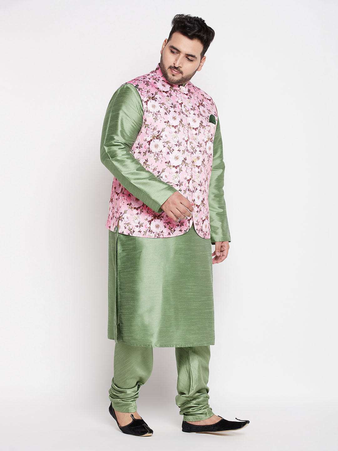 Vastramay mens plus size pink floral printed jacket with mint green solid kurta pyjama set