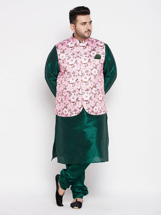 Vastramay mens plus size pink floral printed jacket with green solid kurta pyjama set