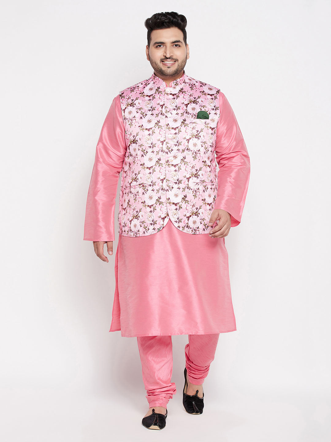 Vastramay Men's Plus Size Pink Floral printed Jacket With Pink Solid Kurta Pyjama Set