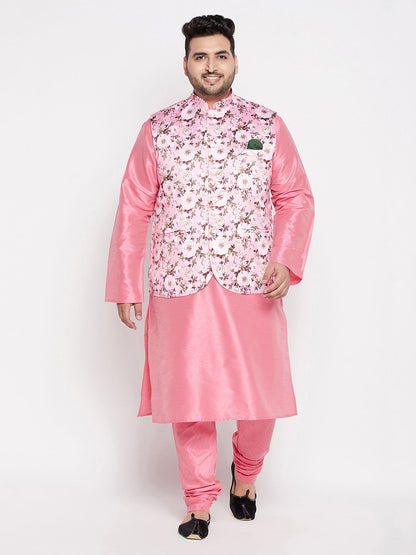 Vastramay Men's Plus Size Pink Floral printed Jacket With Pink Solid Kurta Pyjama Set