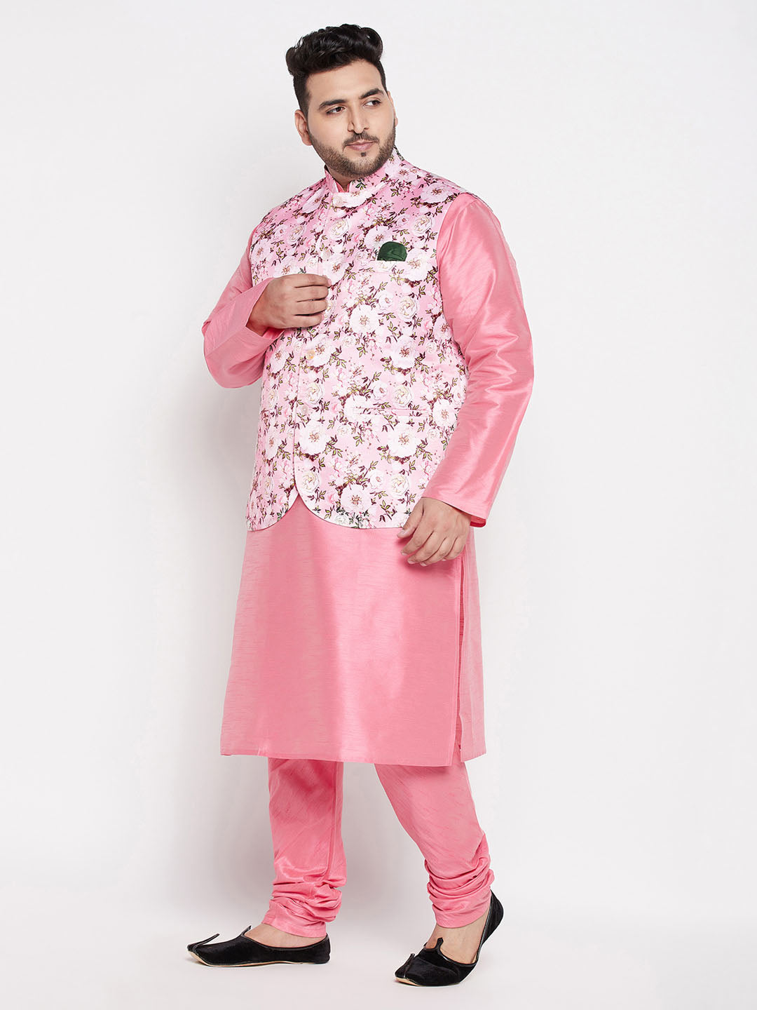 Vastramay mens plus size pink floral printed jacket with pink solid kurta pyjama set
