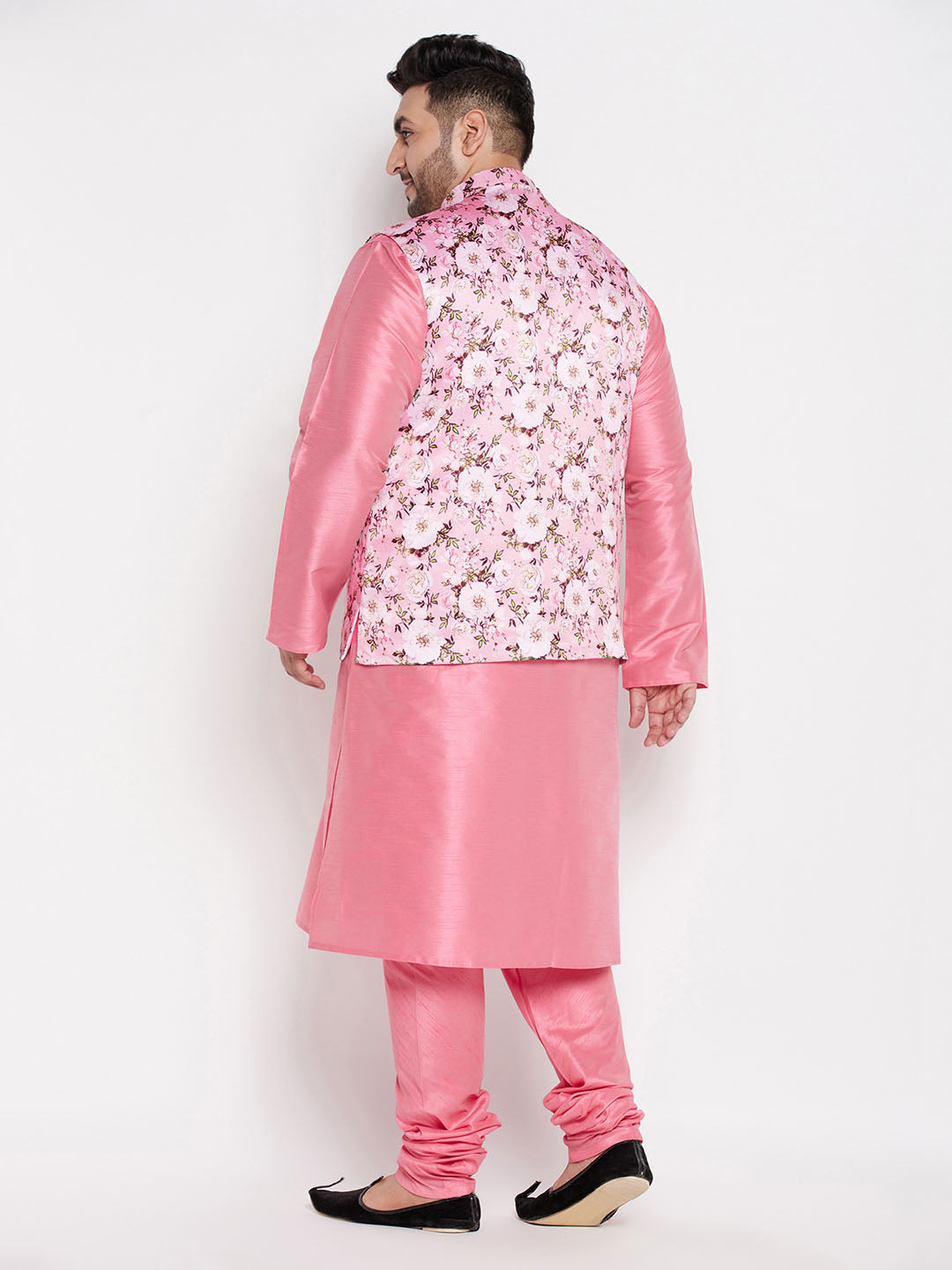 Vastramay mens plus size pink floral printed jacket with pink solid kurta pyjama set