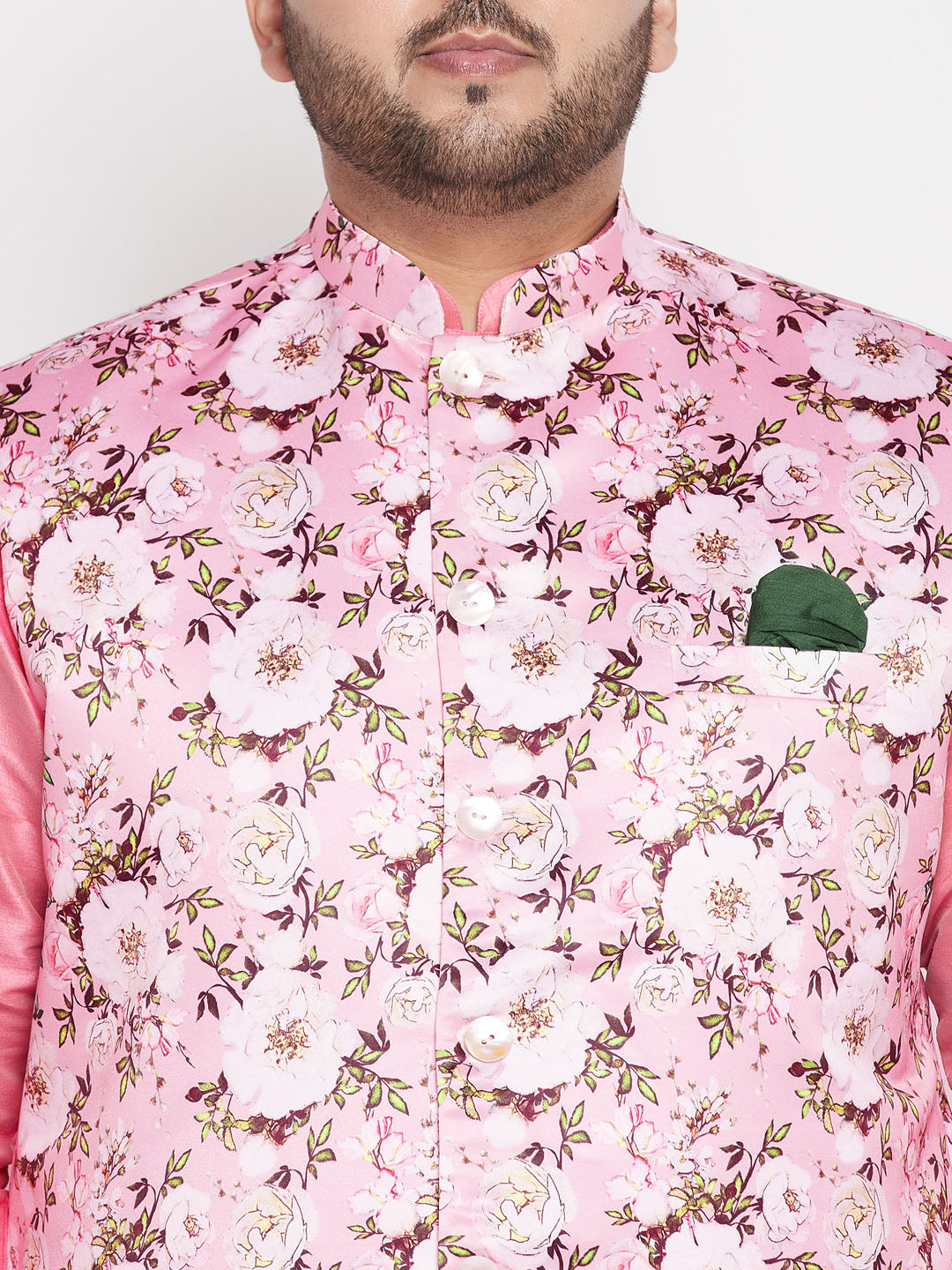 Vastramay mens plus size pink floral printed jacket with pink solid kurta pyjama set