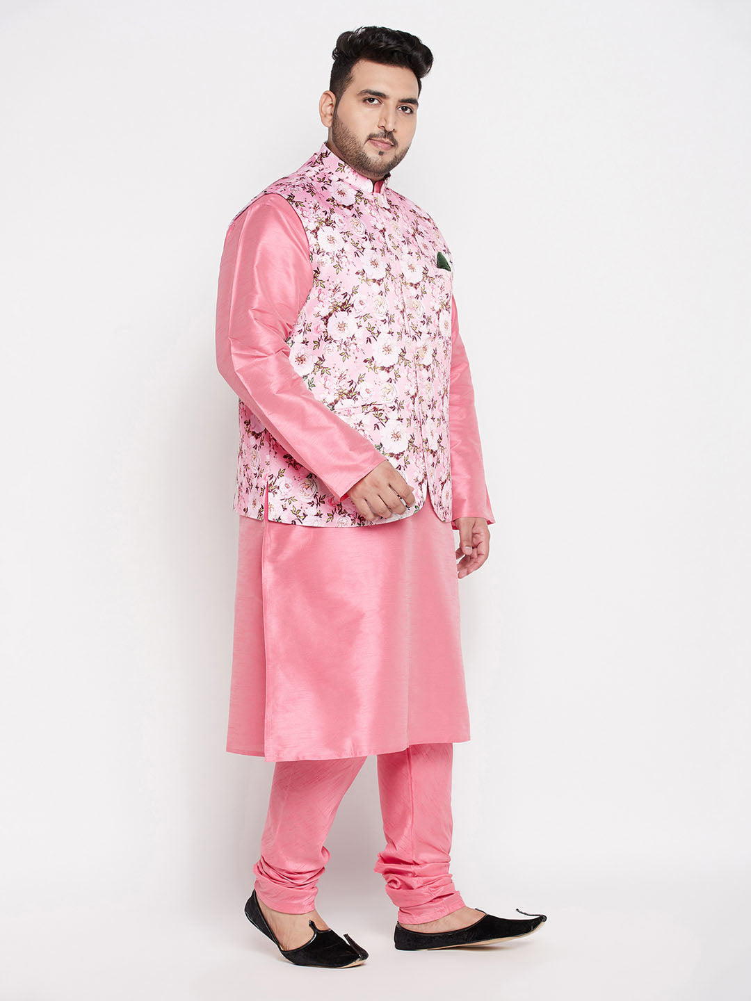 Vastramay mens plus size pink floral printed jacket with pink solid kurta pyjama set