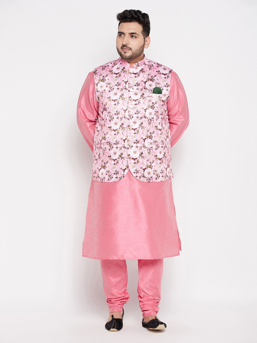 Vastramay mens plus size pink floral printed jacket with pink solid kurta pyjama set