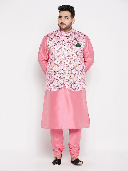 Vastramay mens plus size pink floral printed jacket with pink solid kurta pyjama set