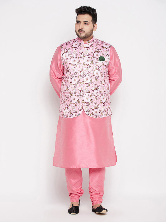 Vastramay mens plus size pink floral printed jacket with pink solid kurta pyjama set