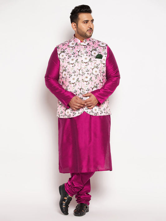 Vastramay mens plus size pink floral printed jacket with fuchsia color solid kurta pyjama set