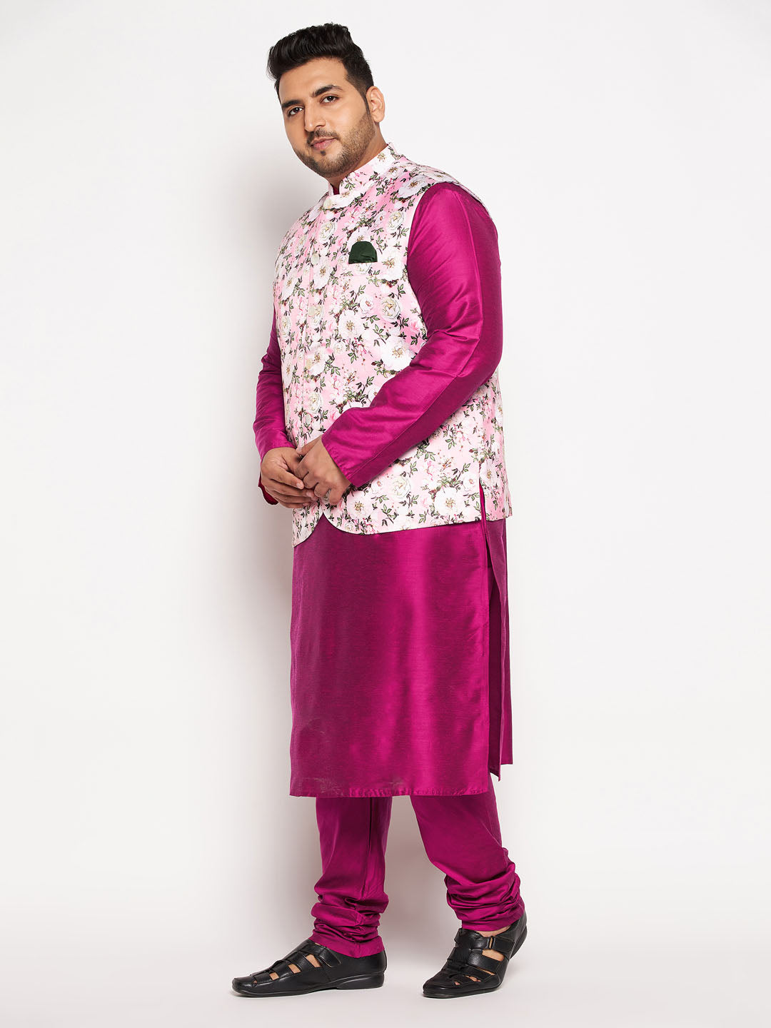 Vastramay mens plus size pink floral printed jacket with fuchsia color solid kurta pyjama set