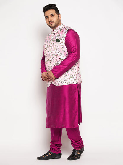 Vastramay mens plus size pink floral printed jacket with fuchsia color solid kurta pyjama set