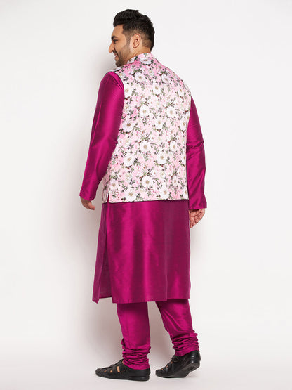 Vastramay mens plus size pink floral printed jacket with fuchsia color solid kurta pyjama set