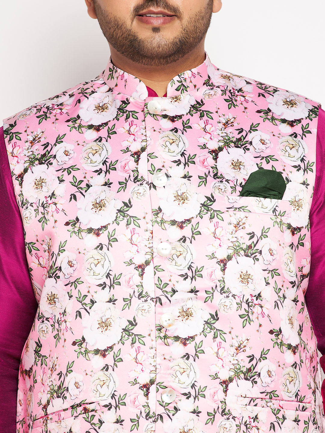 Vastramay mens plus size pink floral printed jacket with fuchsia color solid kurta pyjama set