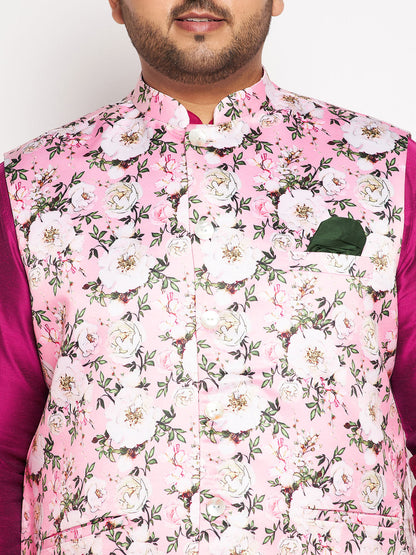 Vastramay mens plus size pink floral printed jacket with fuchsia color solid kurta pyjama set