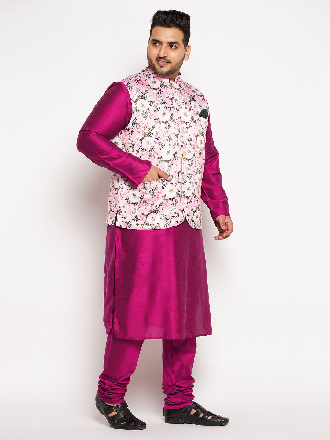 Vastramay mens plus size pink floral printed jacket with fuchsia color solid kurta pyjama set