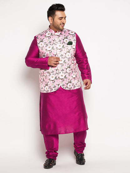 Vastramay Men's Plus Size Pink Floral printed Jacket With Fuchsia Solid Kurta Pyjama Set