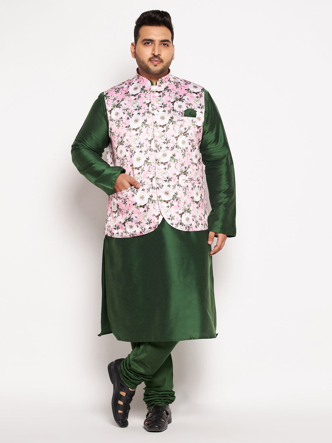 astramay mens plus size pink floral printed jacket with viscose green solid kurta pyjama set
