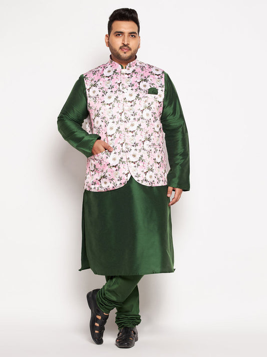 astramay mens plus size pink floral printed jacket with viscose green solid kurta pyjama set