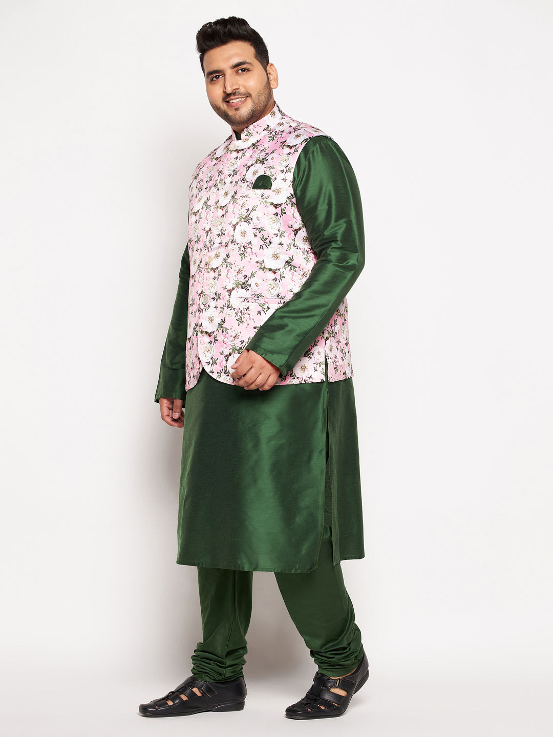 astramay mens plus size pink floral printed jacket with viscose green solid kurta pyjama set