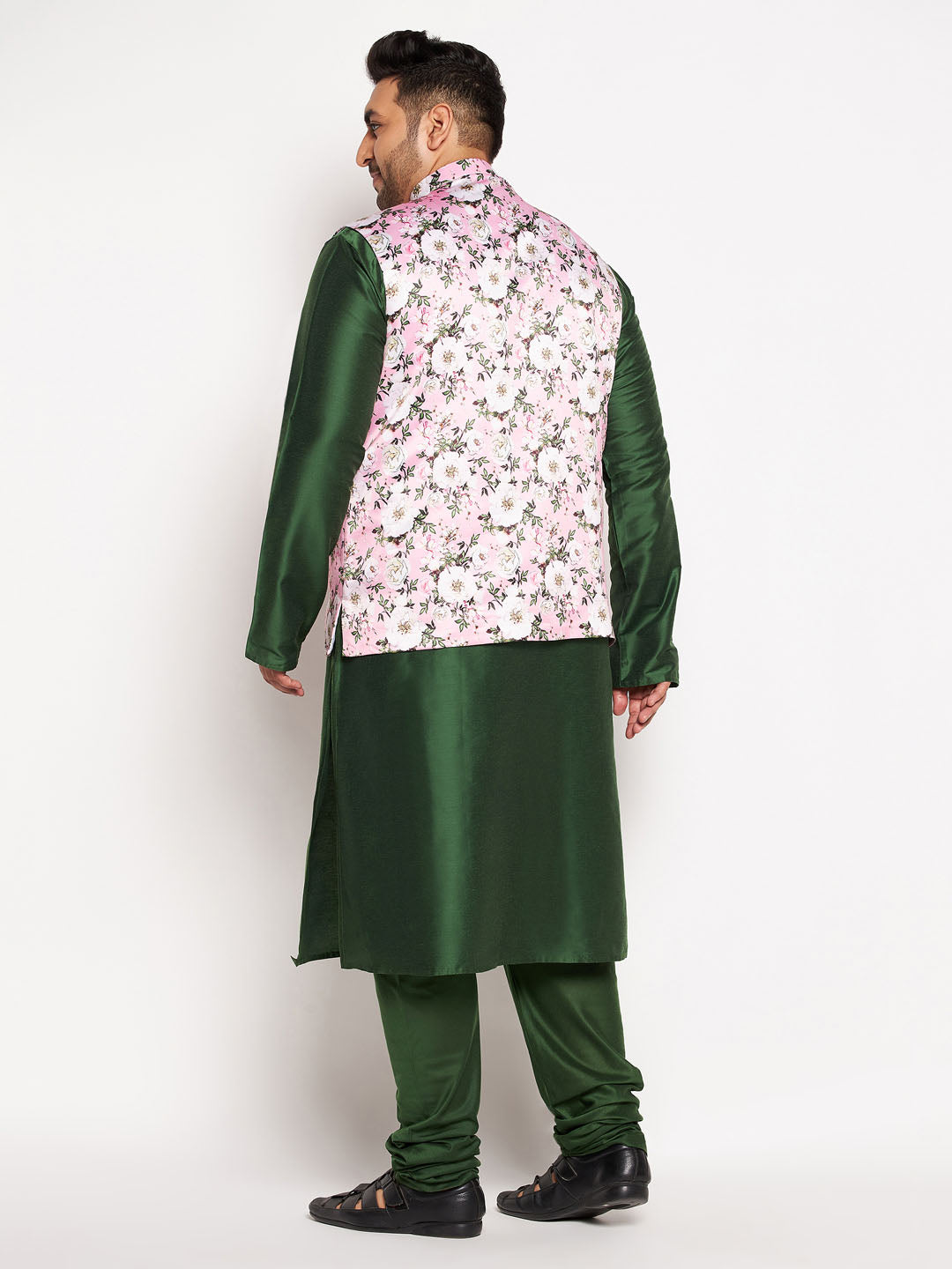 astramay mens plus size pink floral printed jacket with viscose green solid kurta pyjama set