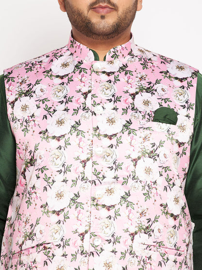 astramay mens plus size pink floral printed jacket with viscose green solid kurta pyjama set