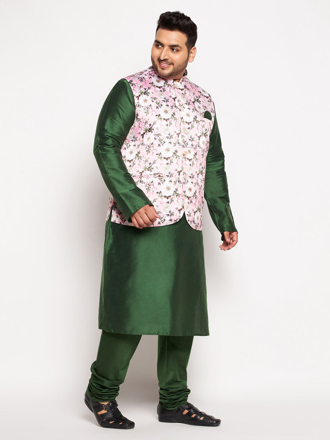 astramay mens plus size pink floral printed jacket with viscose green solid kurta pyjama set