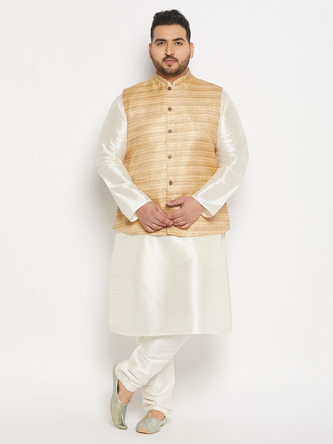 vastramay mens plus size beige matka silk nehru jacket with cream silk blend kurta and pant style pyjama set