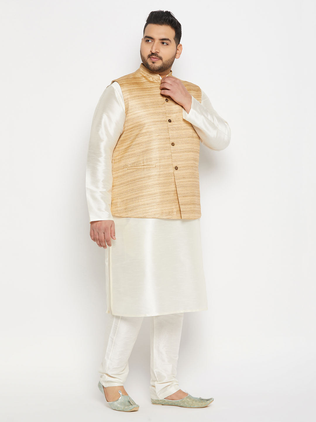 vastramay mens plus size beige matka silk nehru jacket with cream silk blend kurta and pant style pyjama set