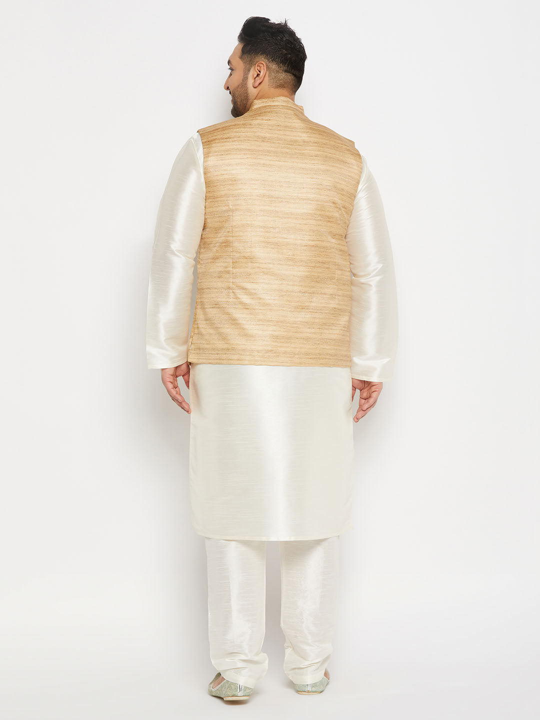 vastramay mens plus size beige matka silk nehru jacket with cream silk blend kurta and pant style pyjama set