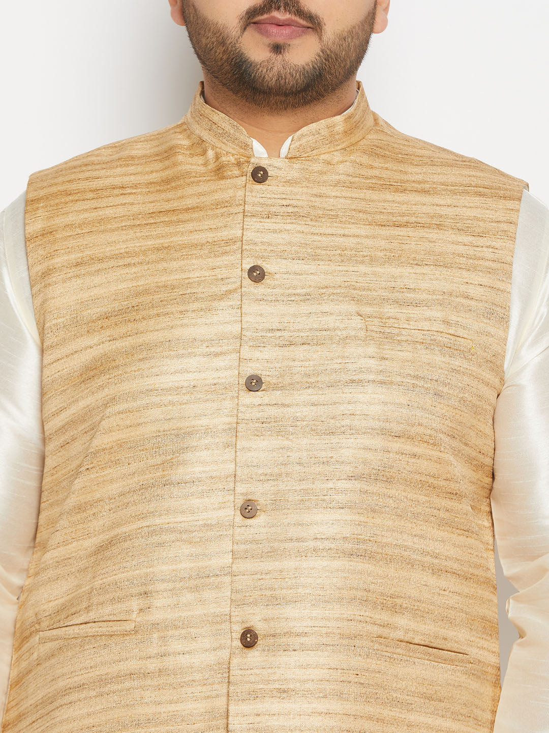 vastramay mens plus size beige matka silk nehru jacket with cream silk blend kurta and pant style pyjama set