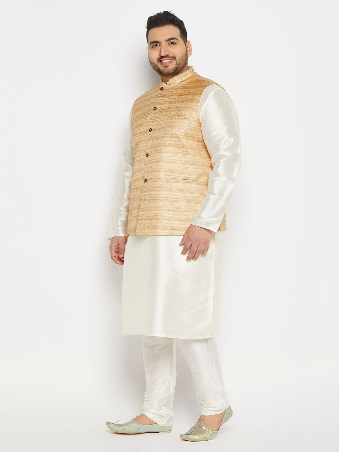 vastramay mens plus size beige matka silk nehru jacket with cream silk blend kurta and pant style pyjama set