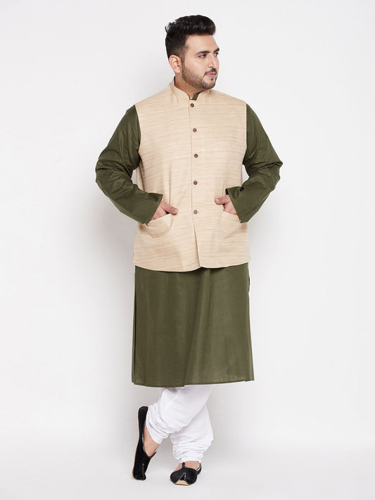 Vastramay mens plus size beige color solid jacket with mint green solid kurta and white pyjama set