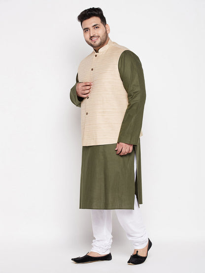 Vastramay mens plus size beige color solid jacket with mint green solid kurta and white pyjama set